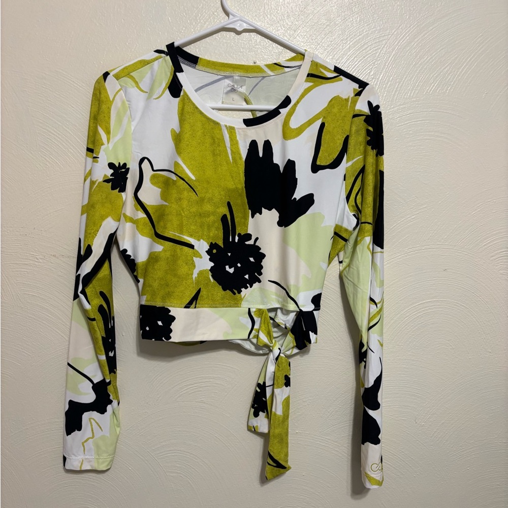 CALIA by Carrie Underwood Olive, Black & White Floral Tie-Waist Crop Top